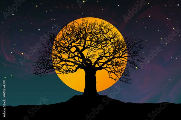 Fototapeta Full  moon back silhouette with silhouette tree