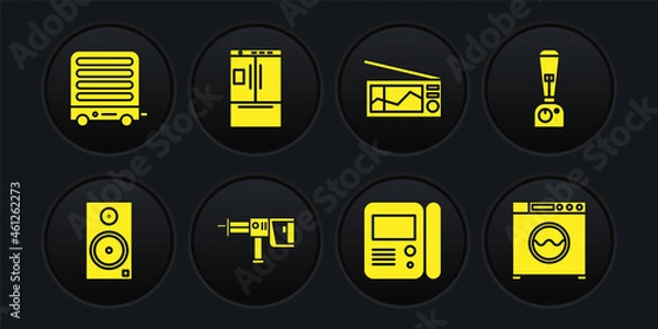 Fototapeta Set Stereo speaker, Blender, Rotary hammer drill machine, House intercom system, Radio and Refrigerator icon. Vector