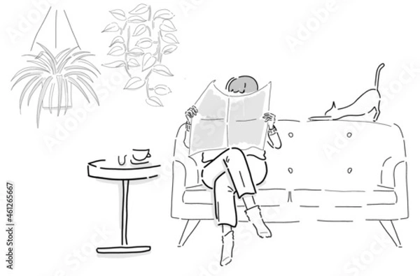 Obraz Vector drawings of a cafe, living room with a person reading news paper. - cat, coffee, couch, plants: spider plant, pothos