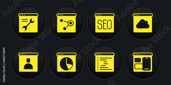 Fototapeta Set Create account screen, Cloud technology data transfer, Graph chart infographic, Browser window, SEO optimization, Web developer programming code and setting icon. Vector