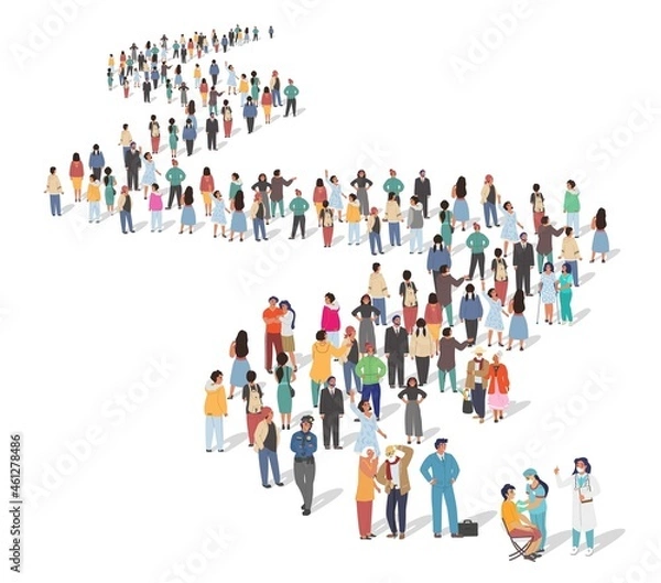 Fototapeta Group of people standing in line for Covid-19 vaccine injection, flat vector illustration. Coronavirus vaccination queue