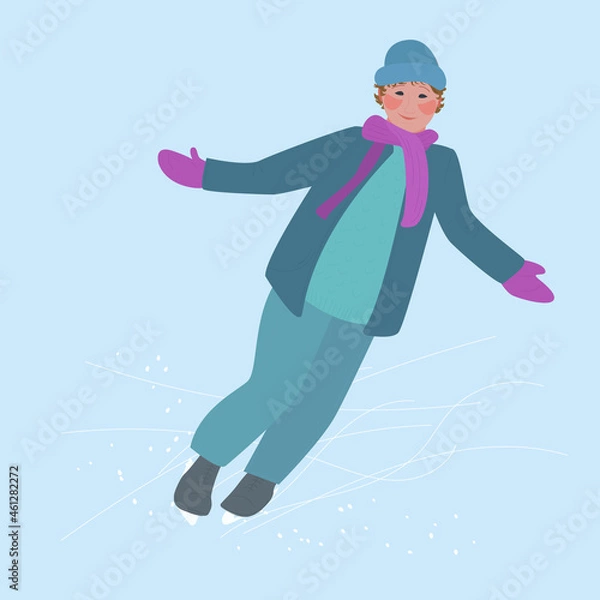 Fototapeta A young guy is skating on an ice rink. Active lifestyle in winter. Vector illustration in cartoon style.