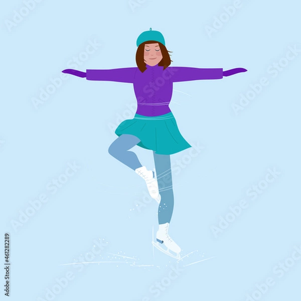 Fototapeta A girl in a purple jacket and a green skirt is engaged in figure skating, spinning on the rink with her hands spread apart. Winter hobbies and recreation. Vector illustration in cartoon style.