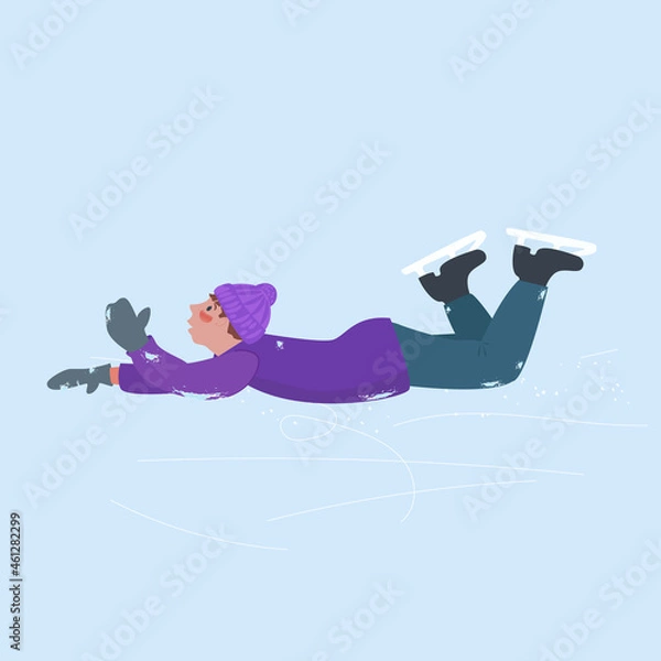 Fototapeta The guy fell on the skating rink skating. The fall of a man on a slippery surface. Winter outdoor recreation. Vector illustration in cartoon style.