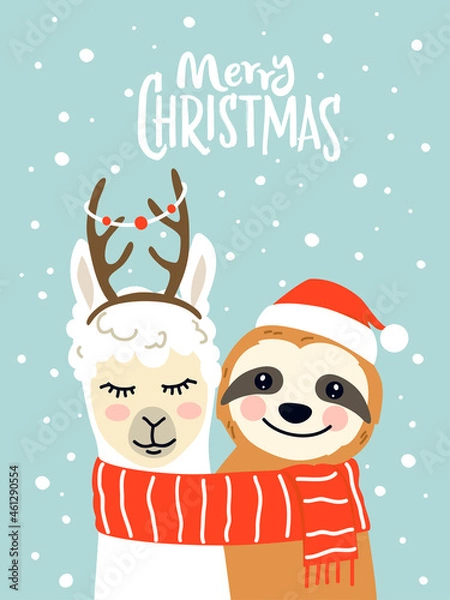 Fototapeta Merry Christmas greeting card with cute llama, and sloth character illustrations with accessories like Santa hat, scarf, reindeer antlers, Christmas lights on a turquoise background with snowflakes