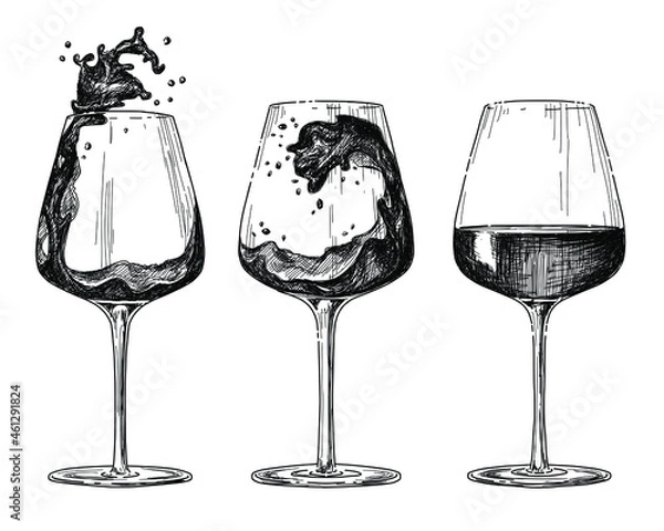 Obraz Sketch glass of red wine set on white background. Vintage drink illustration.