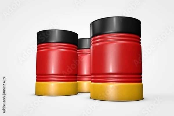 Fototapeta Group of oil barrels from countries of the world isolated on a white background, 3D illustration