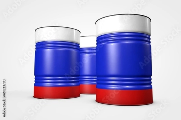 Fototapeta Group of oil barrels from countries of the world isolated on a white background, 3D illustration