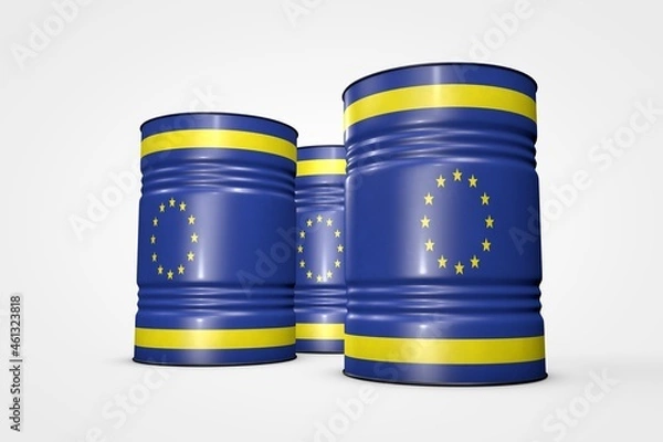 Fototapeta Group of oil barrels from countries of the world isolated on a white background, 3D illustration