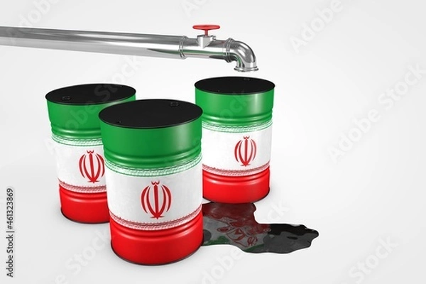 Fototapeta Group of oil barrels from countries of the world isolated on a white background, 3D illustration