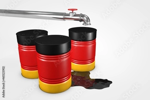 Fototapeta Group of oil barrels from countries of the world isolated on a white background, 3D illustration
