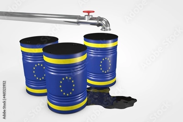 Fototapeta Group of oil barrels from countries of the world isolated on a white background, 3D illustration