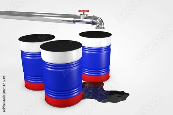 Fototapeta Group of oil barrels from countries of the world isolated on a white background, 3D illustration