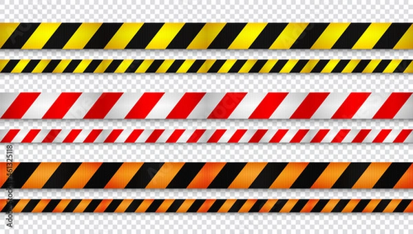 Obraz Realistic retractable caution belt. Crowd control strap barrier. Queue lines. Restriction border and danger tape.