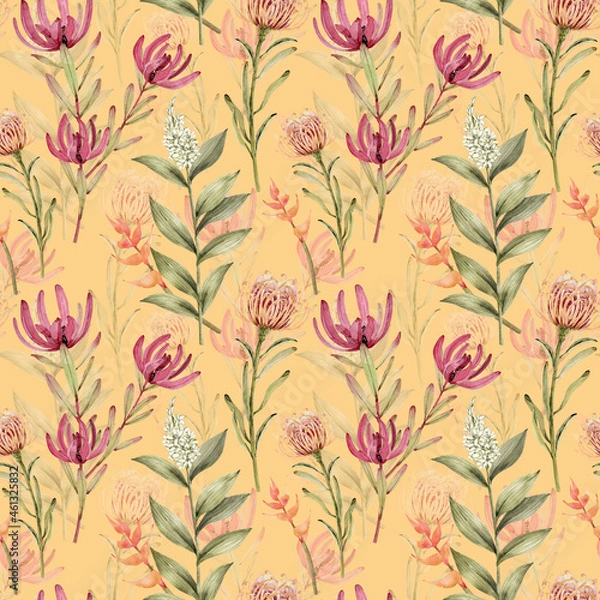 Obraz seamless pattern with botanical plants and exotic flowers on yellow background, watercolor hand painted	
