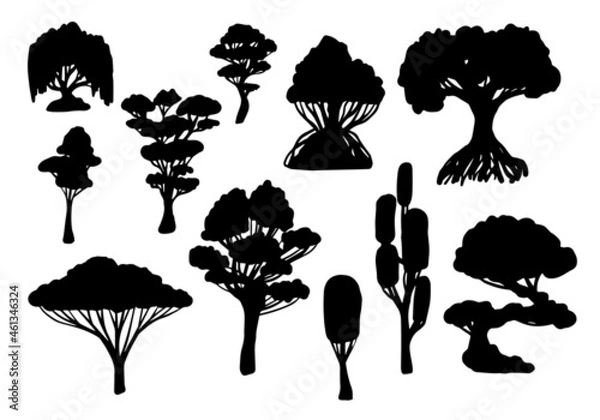 Fototapeta Set of hand-drawn black tree silhouettes. Isolated vector doodles.