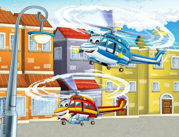 Fototapeta cartoon happy scene with helicopter flying in city