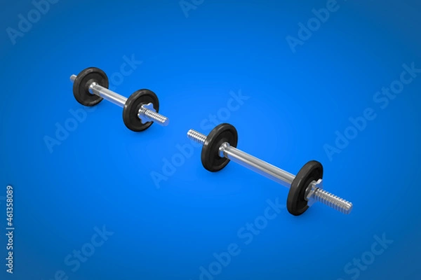 Fototapeta dumbbell weights for exercise on blue background 3d illustration