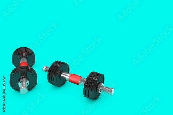 Fototapeta dumbbell weights for exercise on blue background 3d illustration