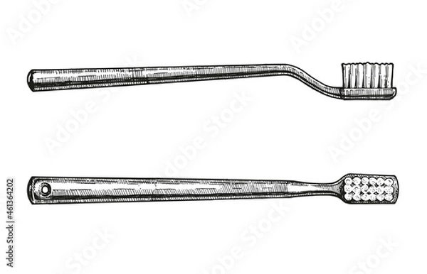 Obraz Toothbrush sketch ink. Vector hand-drawn illustration. Vintage style engraving. Top and side view