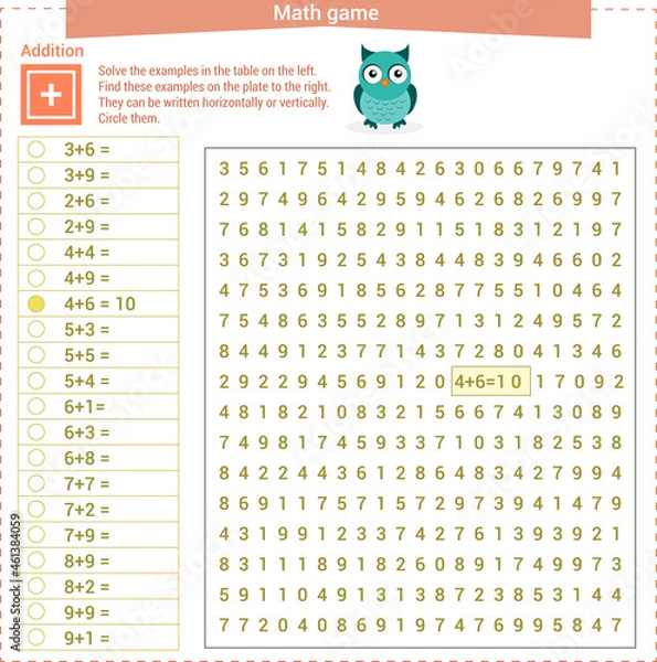 Fototapeta  Mathematical game. Solve the examples on the left table and find them on the right table