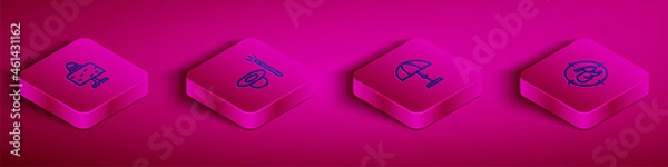 Fototapeta Set Isometric line Magic ball on table, hat and wand, Sun protective umbrella and Hunt rabbit with crosshairs icon. Vector