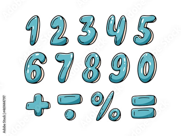 Fototapeta Numeral set from 0 to 10, mathematical signs plus, minus, equals, percentage isolated on white background. Vector bubble illustration, in hand-drawn style. Doodle icons with numbers