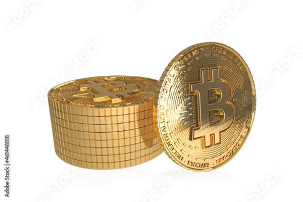 Fototapeta Bitcoin gold coin on white background, virtual cryptocurrency, 3d illustration
