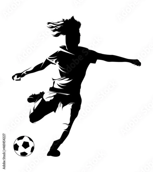 Obraz Women soccer player vector silhouettes on white background isolated. Silhouette of a woman kicking soccer ball, vector illustration