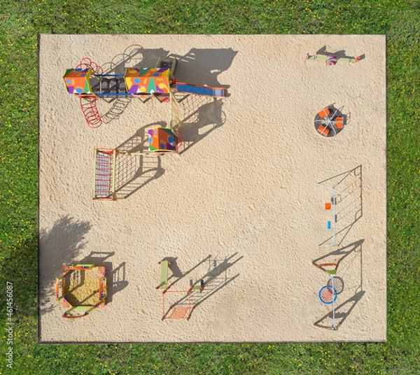 Fototapeta Modern playground with sand, slide and swing for children, aerial view