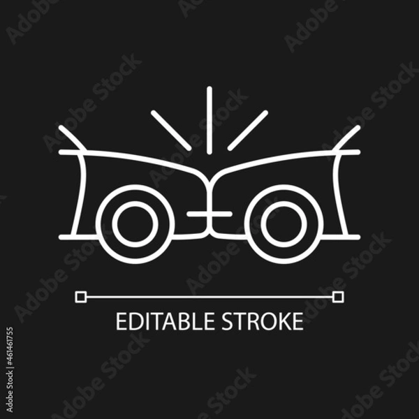 Obraz Head-on collision white linear icon for dark theme. Two vehicles collide into one another. Thin line customizable illustration. Isolated vector contour symbol for night mode. Editable stroke