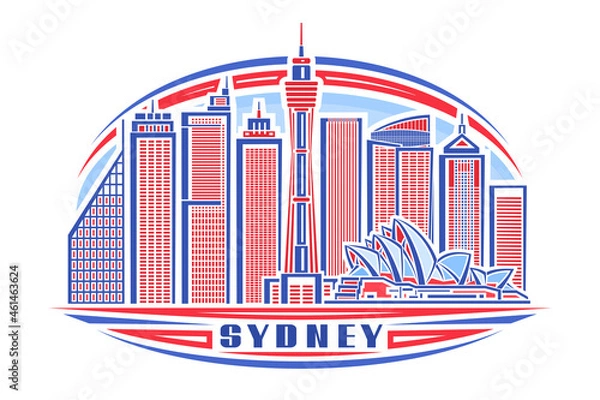 Fototapeta Vector illustration of Sydney, horizontal poster with linear design oceania sydney city scape on day sky background, urban line art concept with decorative letters for word sydney on white background.