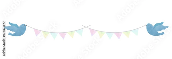 Fototapeta イラスト素材：青い鳥と水彩風パステルカラーのガーランド