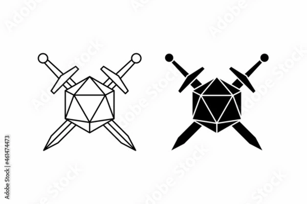 Fototapeta crossed sword and 20 sided dice flat icon vector for apps and websites