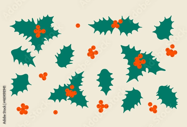 Fototapeta Christmas holly plant. Green leaves and berries. Vector drawing in a simple cartoons style isolated.