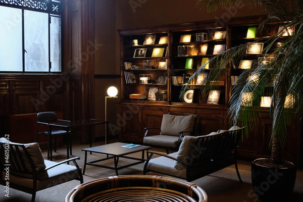 Obraz Interior design a a of luxury studio with plants and elegant various accessorieInterior design of luxury studio Vintage living room with plants and elegant various accessories