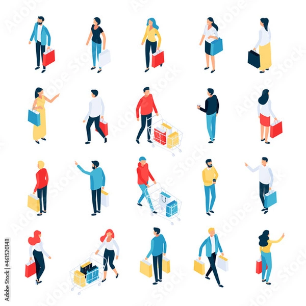 Fototapeta Isometric shoppers set. 3d men and women in different poses, buyers with bags and shopping carts. Isometric people in flat style. Vector illustration.