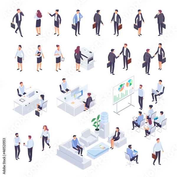 Fototapeta Set of isometric businessmen isolated on white background. 3d businessmen and business women, front and back view. Isometric people in business suits in different poses. Vector illustration.