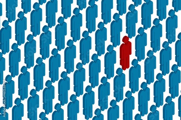 Fototapeta Unique business person in the crowd, Red color figures among crowd. Illustrations 3d