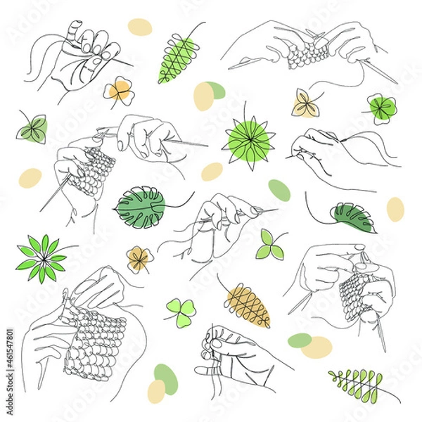 Fototapeta Collection. Silhouettes of a human hand that knits and sews with a needle and thread in a modern style in one line. Solid line, sketches, posters, stickers, logo. Set of vector illustrations.