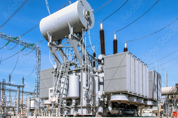 Fototapeta Powerful power transformer for industrial high voltage substation. Energy enterprise.