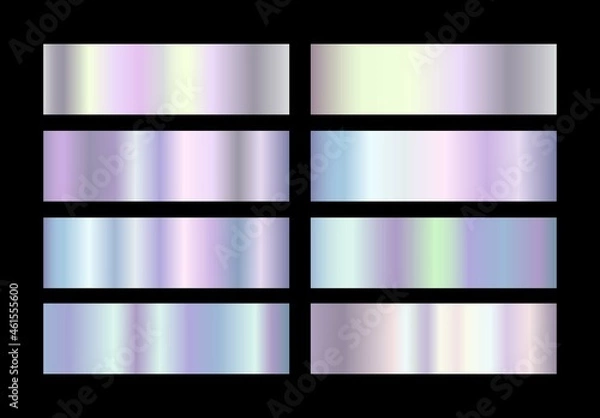Fototapeta Holographic, silver foil texture background. Vector graphic iridescent neon patterns set . Silver hologram metalic gradient  vector pattern. set  
