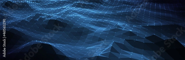 Obraz Abstract Blue Background. Dark low poly triangle pattern. Virtual computer Landscape. Technology style. Sci-fi surface. Banner or presentation template. Vector illustration