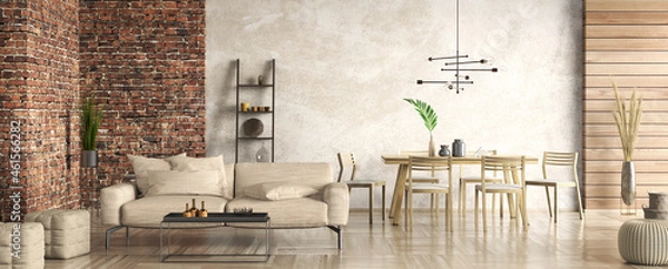 Fototapeta Interior design of modern apartment, living room with brick wall. Home design with beige sofa. Panorama 3d rendering