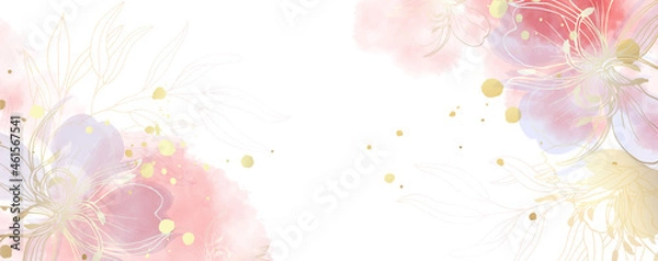 Obraz Luxurious golden wallpaper. Banner with flowers. Watercolor pink, blue, lilac spots on a white background. Shiny flowers and twigs. Vector file.