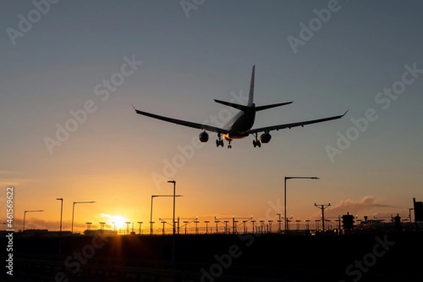 Obraz Landing passenger plane during sunset.