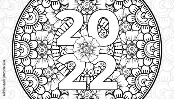 Fototapeta Happy new year 2022 banner or card template with mehndi flower