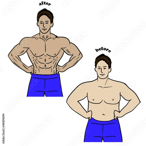 Obraz 腰に手を当てる男性の筋トレビフォーアフター