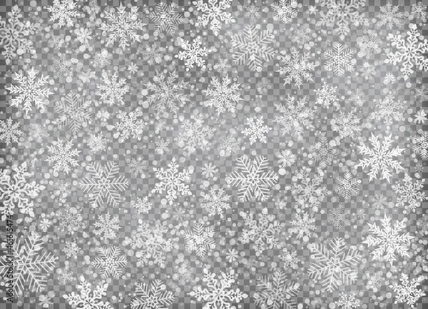 Obraz White snowflakes falling on transparent background vector illustration.