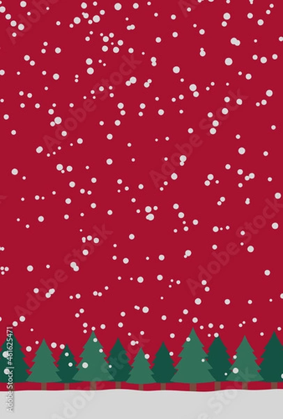 Fototapeta Snowfall and forest background for Christmas (vertical, green trees and red background)